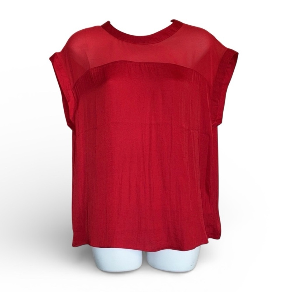Naked Zebra Blouse, Red, Silky, sheer top section, satin trim, buttons. L EUC